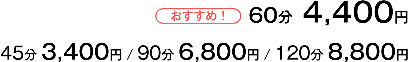 おすすめ！60分4400円、45分3400円、90分6800円、120分8800円